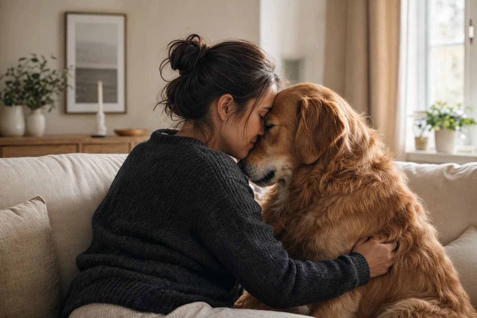 A pet parent sharing a quiet moment with her dog